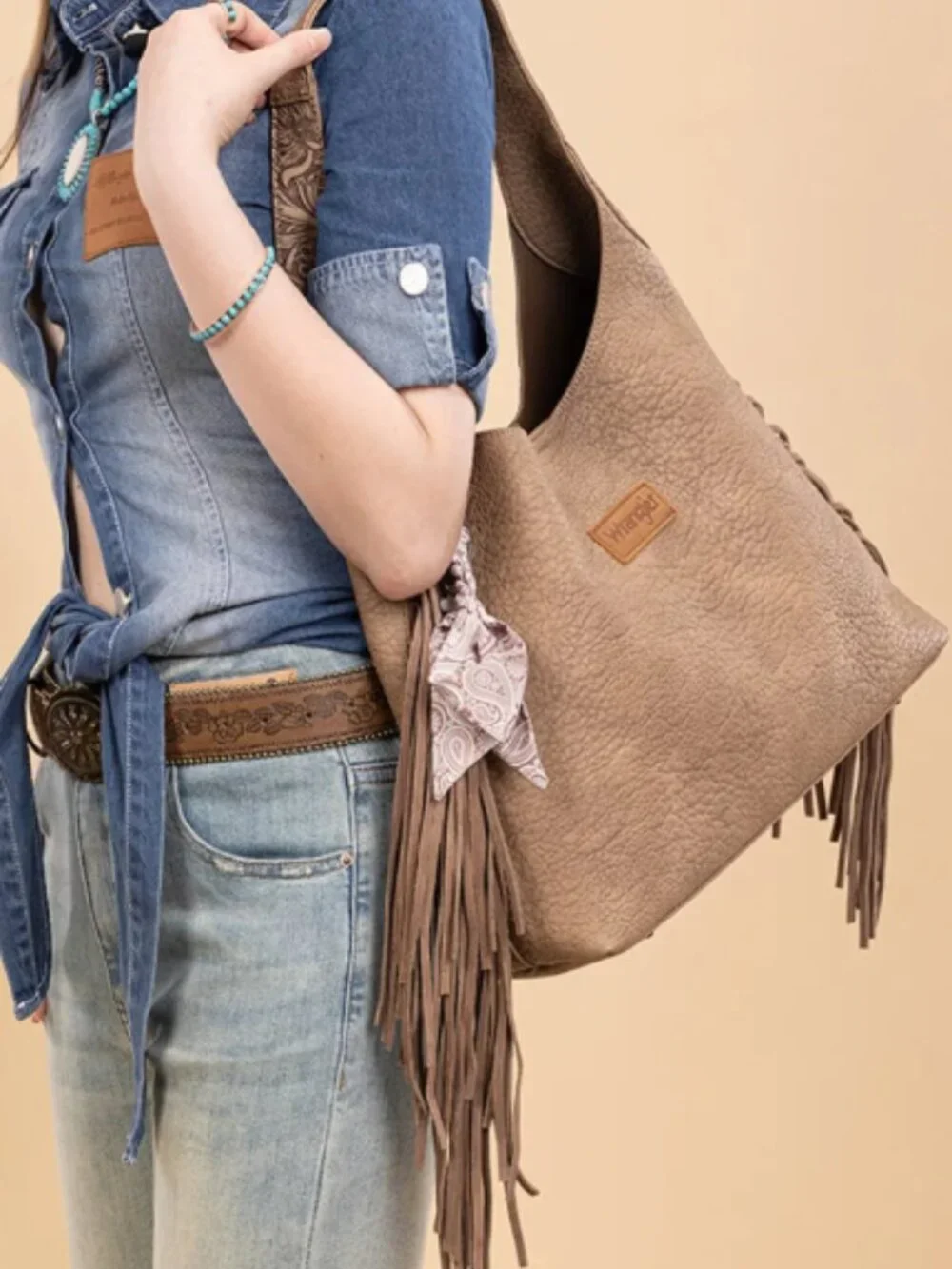 Wrangler Fringe Tooled Western Hobo Purse Khaki NWT